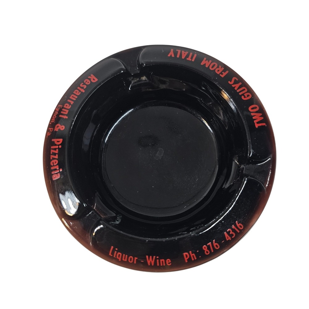 Two Guys From Italy Restaurant Pizzeria Ashtray Black‎ Red Glass Eynon PA 4.25in